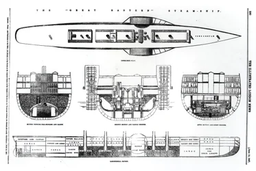 Plan and cross sections of the Great Eastern steamship, 1857