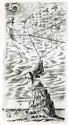 Plane, illustration from the frontispiece of The man in the moone or a discourse of a voyage thither by Domingo Gonsales, the speedy Messenger by Francis Godwin