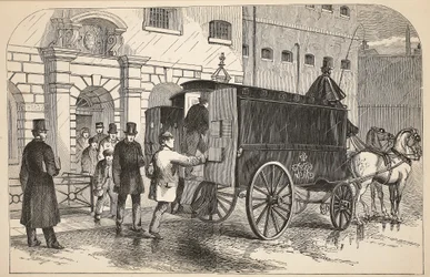 Prison van taking up prisoners at the House of Detention, illustration from The Criminal Prisons of London and Scenes from Prison Life by Henry Mayhew and John Binny, pub. 1862