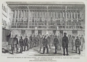 Prisoners Working at the Tread-Wheel and Others Exercising in the 3rd Yard of the Vagrants Prison, Coldbath Fields, from The Criminal Prisons of London and Scenes of Prison Life by Henry Mayhew and John Binny