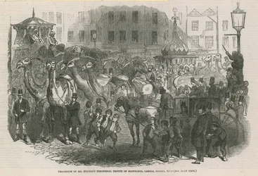 Procession of Mr Hughess theatrical troupe of elephants, camels, horses, etc.
