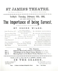 Programme for a performance of The Importance of Being Earnest, by Oscar Wilde at the St. James Theatre, 14 February 1895