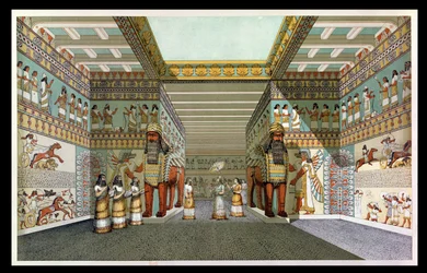 Reconstruction of the hall of an Assyrian palace, from Discoveries in the Ruins of Nineveh and Babylon by Austen Henry Layard
