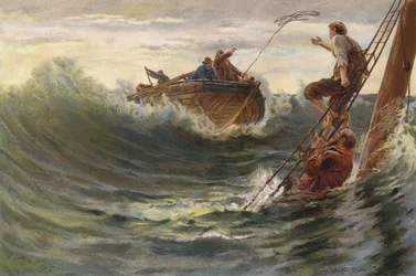 Rescue of men who have survived a shipwreck