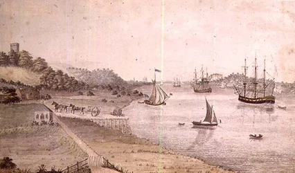 River landscape with shipping and the Dover Coach, c.1800