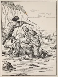 Robinson Crusoe and Friday rescuing the Spaniard