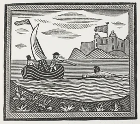 Robinson and Xury escaping from the Moors, illustration from Chap-books of the Eighteenth Century by John Ashton, published 1882