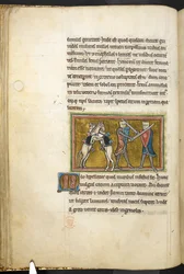 Two knights fighting on foot with swords, while their horses are fighting each other on hind legs, from Bestiary, Lapidary