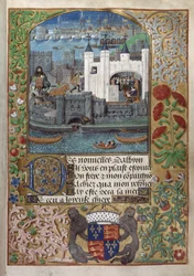 The Tower of London, with London Bridge behind. Charles, Duke of Orleans, seen writing, standing at a window and dispatching a letter in the courtyard