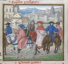 End of Prologue. John Lydgate and the Canterbury pilgrims leaving Canterbury, illustration from 