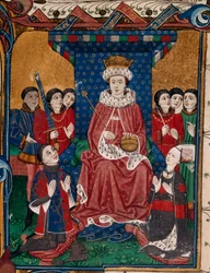 King Edward IV surrounded by courtiers with Sir William Herbert and his wife, Anne Devereux wearing clothes decorated with their coats of arms, kneeling before him (book 1)