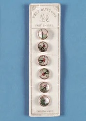 Set of six vest buttons on original card backing with photographic decorations of footballers