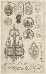 Sheet depicting coins, seals and tokens, with facsimiles of signatures