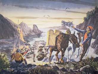 Smugglers loading contraband on their ponies for the journey inland