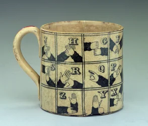 Staffordshire Mug Depicting the Alphabet in Sign Language, c.1820
