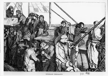 Steerage Emigrants on the deck of a passenger ship from Europe to the New World, c.1870