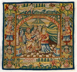 Tapestry cushion cover depicting Susannah before Judge