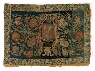 Tapestry Long Cushion Cover Depicting the Arms of Walter Jones and of His Wife Eleanor Pope, Made Possibly in Sheldon, England, After 1600