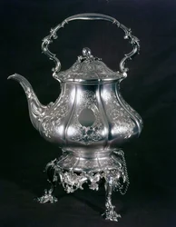Teapot and kettle with lampstand and burner by Messrs. Barnard, London, 1852