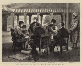 The Ameer signing the Treaty of Peace at Gandamak, 26 May 1879