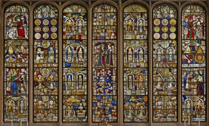 The east window with a remarkable collection of panels