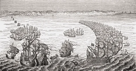 The English Fleet, commanded by Sir Francis Drake, attacking the Spanish Armada in 1588, from 