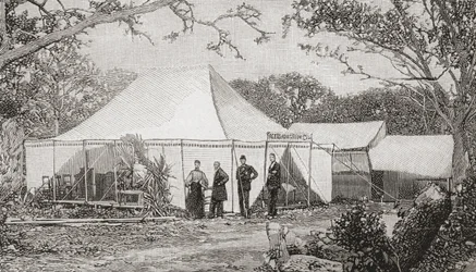 The First Presbyterian Church, Miami, Florida, United States of America in the late 19th century. The church, founded by The Reverend Henry Keigwin in 1896, started in a rough board restaurant before services moved to a tent. From The Strand Magazine