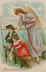 The Guardian Angel Protecting Boy, Girl, and Doll Fishing