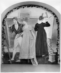 The Painting Lesson, Part of a Display at the Fashion Museum Featuring Two Day Dresses, Early 19th Century