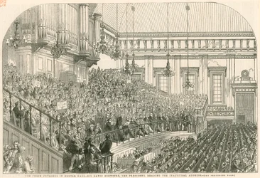 The Peace Congress in Exeter Hall, Sir David Brewster, the President, Reading the Inaugural Address