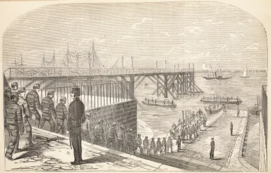 The convicts returning to the hulks from their labour in the Arsenal, illustration from The Criminal Prisons of London and Scenes from Prison Life by Henry Mayhew and John Binny, pub. 1862