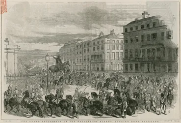 The grand procession of the Wellington Statue turning down Park Lane