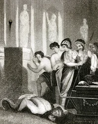 The idol Dagan falls to the ground when the Holy Ark of the Covenant is brought into his temple