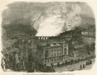 The late fire at the Camden Town Goods Station, sketched from Primrose Hill, London