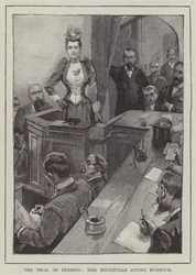 The trial of Deeming, Miss Rounsville giving evidence (engraving)