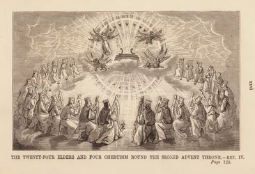 The twenty-four elders and four creatures around the throne in Heaven