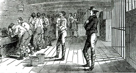 The washing room below decks - condemned trade unionists being transported to Australia, illustrated in The Martyrs of Tolpuddle, published by Trades Union Congress, 1834