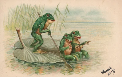 Three frogs sailing on a lily pad
