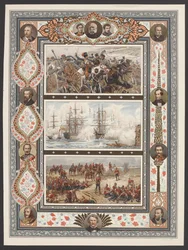 Three vignettes depicting naval and land battle scenes, including Relief of the Light Brigade