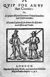 Title Page for A Quip for an Upstart Courtier: or, A quaint dispute between Velvet breeches and Cloth breeches by Robert Greene, published 1592