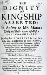 Title Page for The Dignity of Kingship Asserted by G.S. a Lover of Loyalty, published 1660