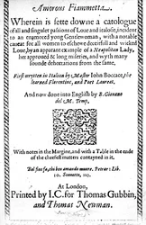 Title page to Amorous Fiammetta by Giovanni Boccaccio, English translation published in 1587
