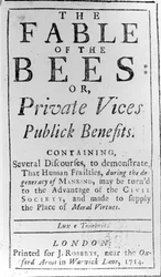 Title Page for The Fable of the Bees by Bernard de Mandeville, 1714