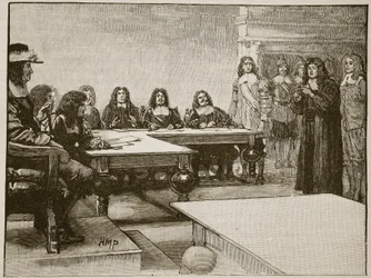 Titus Oates before the Privy Council, illustration from Cassell