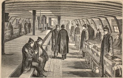 Top deck of the Unite hospital ship, attached to the hulks at Woolwich, illustration from The Criminal Prisons of London and Scenes from Prison Life by Henry Mayhew and John Binny, pub. 1862