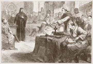 Trial of Wicliffe, illustration from The History of Protestantism by James Aitken Wylie, 1878