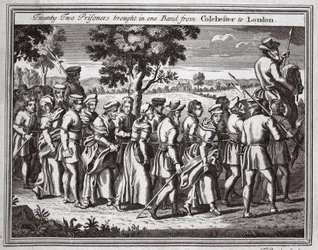 Twenty-two prisoners brought in one band from Colchester to London, illustration from Foxe