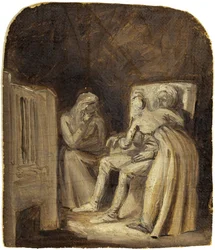 Two Female Figures Attending to a Male Figure in an Interior