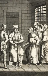 Two Spanish friars talking with Mr. Bradford, illustration from Foxe