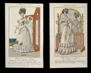 Two Fashion Plates of Ladies in Evening Dress, Advertisements from Modes de Paris